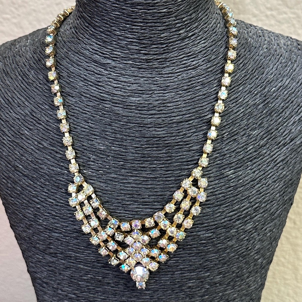 Vintage 1960's gold tone costume cascading necklace Aurora Borealis rhinestones - Picture 2 of 6